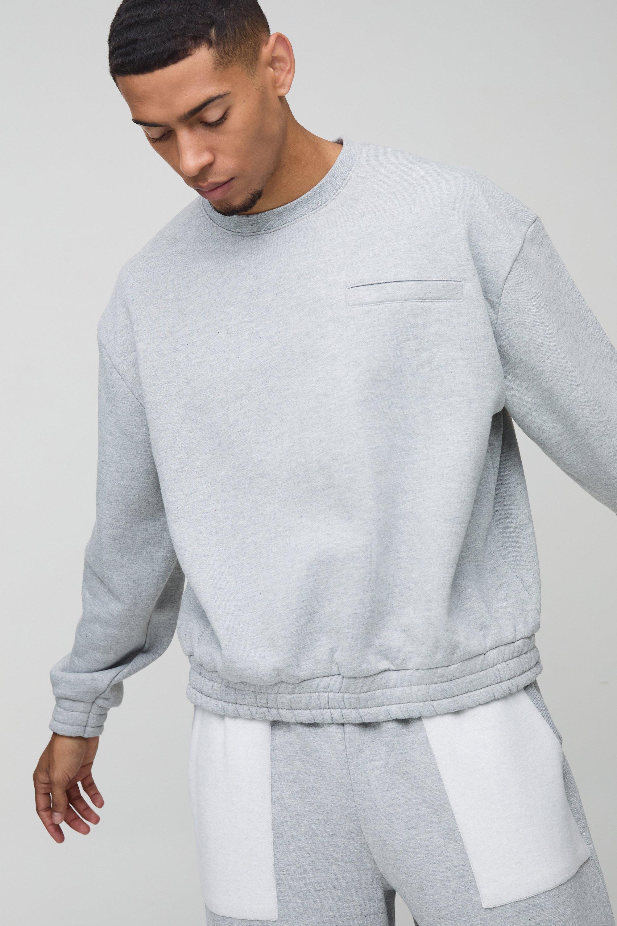 Mens Grey Oversized Boxy Heavyweight Print Pocket Sweatshirt, Grey
